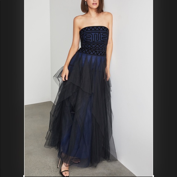 bcbg strapless embroidered lace gown